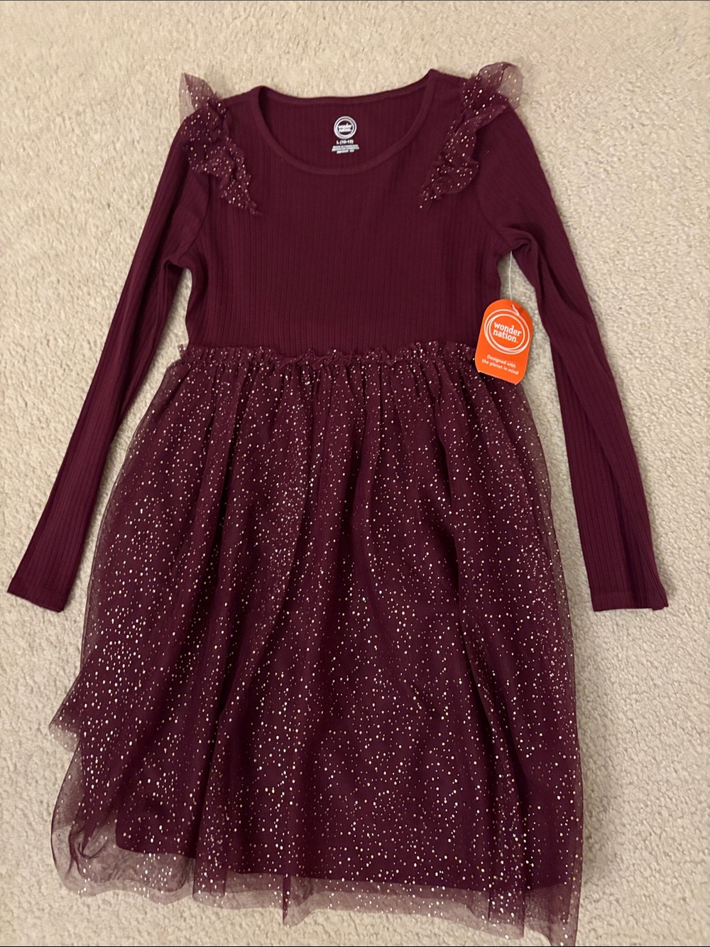 wonder nation Sparkle Tulle Long Sleeve Dress - Burgundy